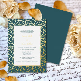 Blauw & Goud Abstract Bladpatroonhuwelijk Folie Uitnodiging