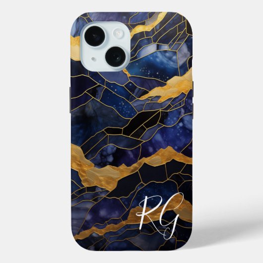 Blauw Goud Abstract Marmeren Monogram Initialen Case-Mate iPhone Case (Achterkant)