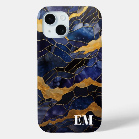 Blauw Goud Abstract Marmeren Monogram Initialen Case-Mate iPhone Case (Achterkant)