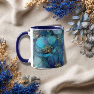 Blauw Goud Abstract Waterverf Bloemen Mok