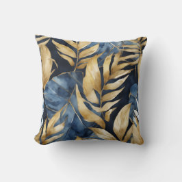 Blauw Goud Abstract Waterverf Kunstzinnige Botanis Kussen