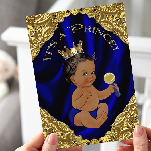 Blauw Goud Afro-Amerikaanse Prince Baby Shower Kaart