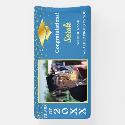 Blauw & Goud Afstuderen aangepaste Fotoklasse van  Spandoek (Verticaal)