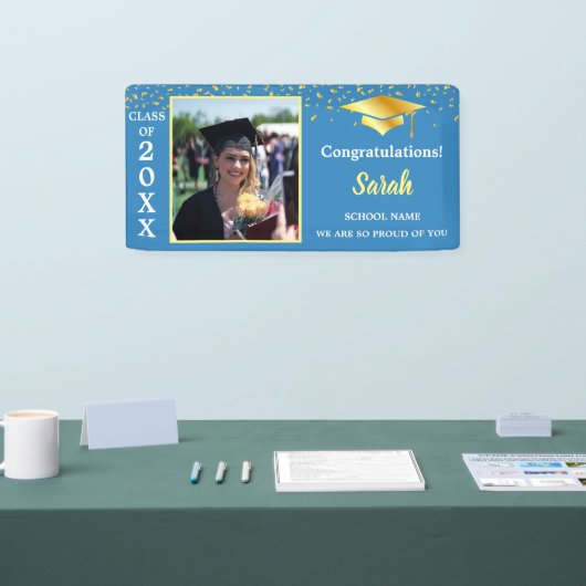 Blauw & Goud Afstuderen aangepaste Fotoklasse van  Spandoek (Beurs)