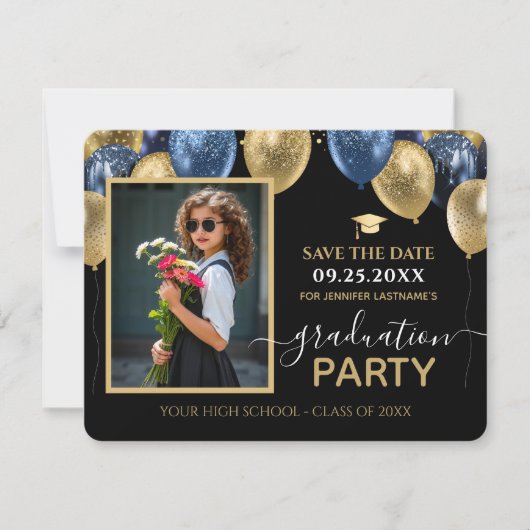 Blauw Goud Afstuderen Foto Bewaar de datum Kaart (Voorkant)