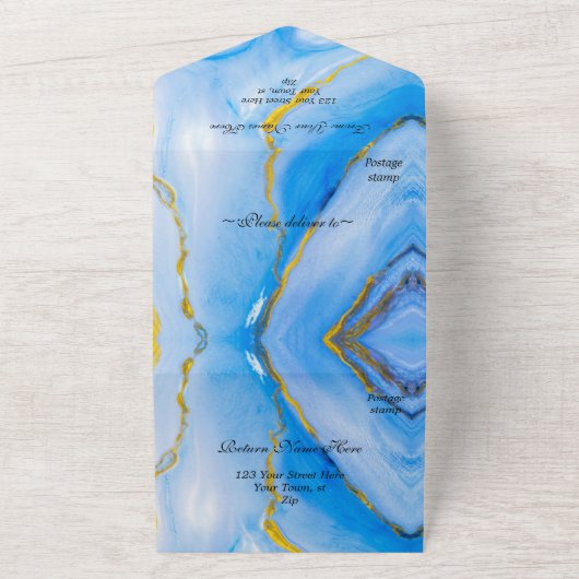 Blauw Goud Agaat Bruiloft All In One Uitnodiging (Buitenkant)