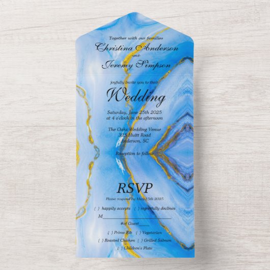 Blauw Goud Agaat Bruiloft All In One Uitnodiging (Binnen)
