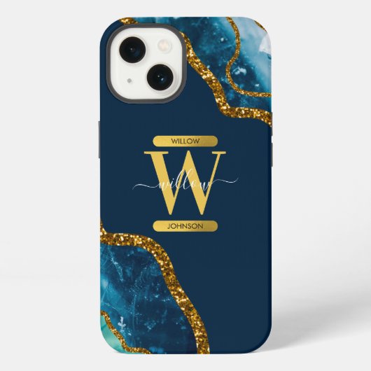 Blauw & Goud Agaat Geode Initialen   iPhone Hoesje (Achterkant)