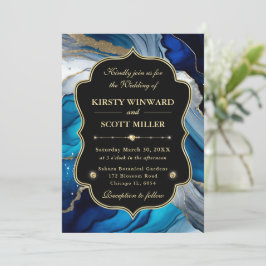 Blauw Goud Agaat Marmer Glitter Bruiloft Kaart