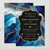 Blauw Goud Agaat Marmer Glitter Bruiloft Kaart (Voorkant / Achterkant)