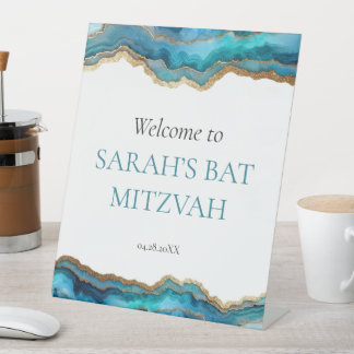 Blauw Goud Agate Bat of Bar Mitswa Welkom Reclamebord Met Voetstuk