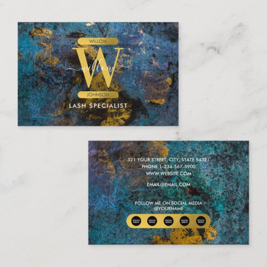 Blauw & Goud Agate Geode Glitter Monogram Marmer Visitekaartje (Voorkant / Achterkant)