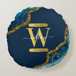 Blauw & Goud Agate Geode Glitter Monogram Rond Kussen