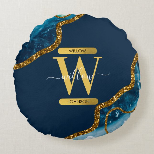 Blauw & Goud Agate Geode Glitter Monogram Rond Kussen (Voorkant)