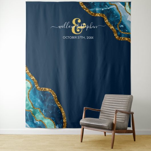 Blauw Goud Agate Geode Trouw Achtergrond Banner  Wandkleed (In situ)