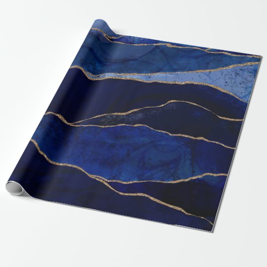 Blauw & Goud Agate Modern Glam Minimaal Bruiloft Cadeaupapier (Uitgerold)