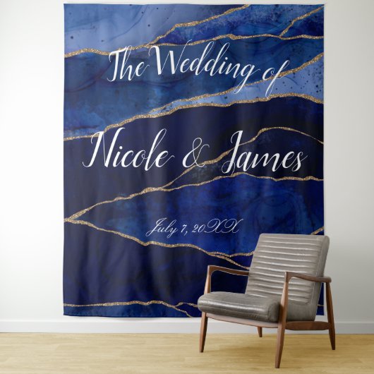 Blauw & Goud Agate Modern Glam Minimaal Bruiloftst Wandkleed (In situ)