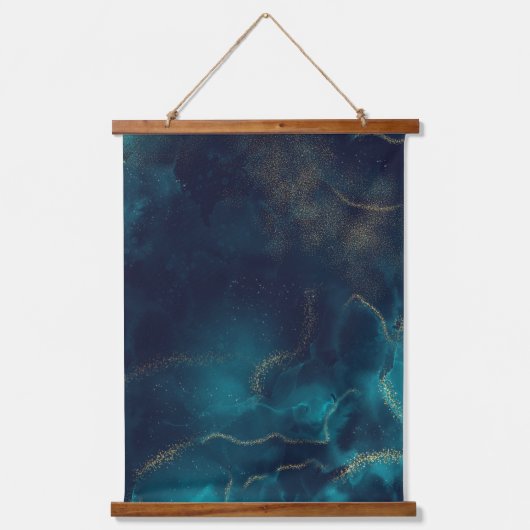 Blauw Goud Alcohol Ink Art Deep Blue Ocean Hangend Wandkleed (Voorkant)
