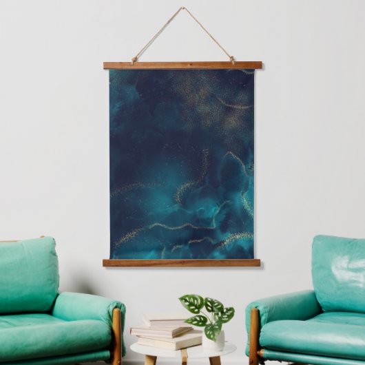 Blauw Goud Alcohol Ink Art Deep Blue Ocean Hangend Wandkleed (Woonkamer)