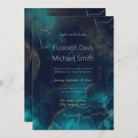 Blauw Goud Alcohol Ink Art Deep Blue Zee Kaart (Voorkant / Achterkant)