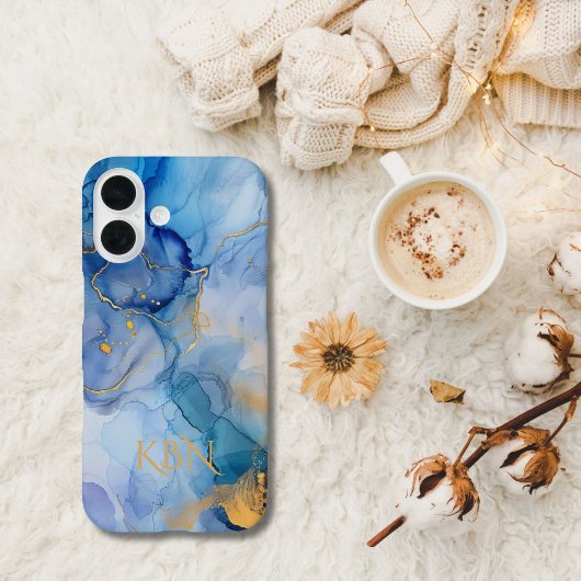 Blauw Goud Alcohol Inkt Waterverf Monogram Initial Case-Mate iPhone Case