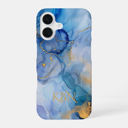 Blauw Goud Alcohol Inkt Waterverf Monogram Initial iPhone 16 Hoesje (Achterkant)