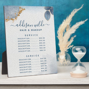 Blauw Goud Aquarel Botanische Bladeren Prijsmenu Fotoplaat