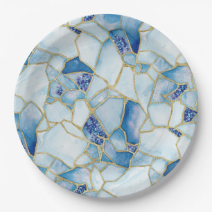 Blauw Goud Aquarel Zee Glas Mozaïek Patroon Papieren Bordje