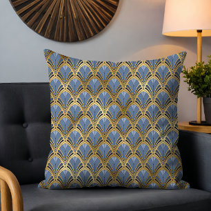 Blauw Goud Art Deco Waaierspatroon Kussen