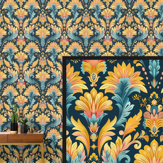 Blauw Goud Art Nouveau Behang (Creator heeft geüpload)