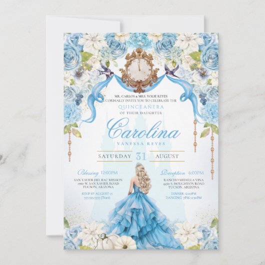 Blauw Goud Assepoester Quinceanera Luxe Verjaardag Kaart (Voorkant)