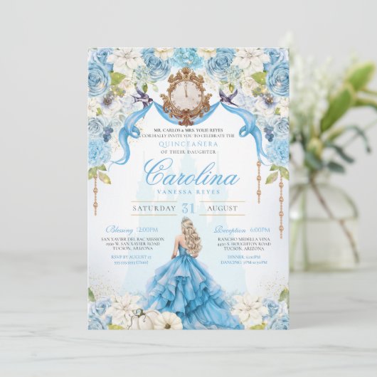 Blauw Goud Assepoester Quinceanera Luxe Verjaardag Kaart (Staand voorkant)