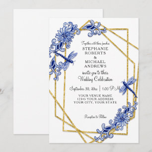 Blauw Goud Aziatische Dragonfly China Bloemen Wate Kaart