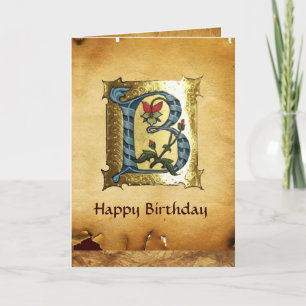 BLAUW GOUD B LETTER MET BLOEMEN MONOGRAM Verjaarda Kaart