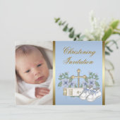 Blauw Goud Baby Boy Foto doopuitnodigingen Kaart (Staand voorkant)