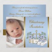 Blauw Goud Baby Boy Foto doopuitnodigingen Kaart (Voorkant / Achterkant)