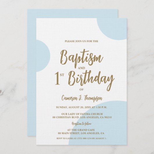 Blauw Goud Baby Doop en 1e Verjaardagsjoint Kaart (Voorkant / Achterkant)