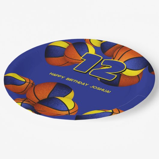 Blauw Goud Basketballen Jongens Meisjes Sportfeest Papieren Bordje (Gekanteld)