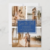 Blauw goud Bewaar de datum 3 foto raster collage Save The Date (Voorkant)