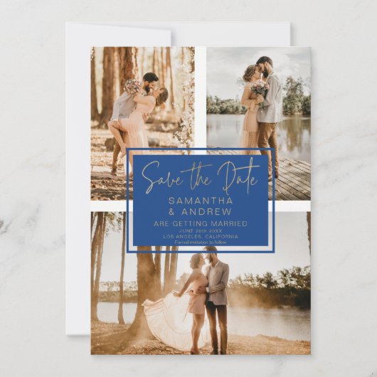 Blauw goud Bewaar de datum 3 foto raster collage Save The Date (Voorkant)