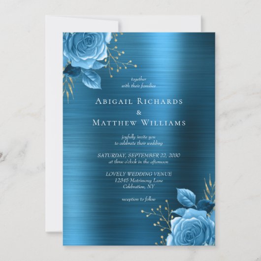 Blauw Goud Bloem Teal Geborsteld Metaal Bruiloft Kaart (Voorkant)