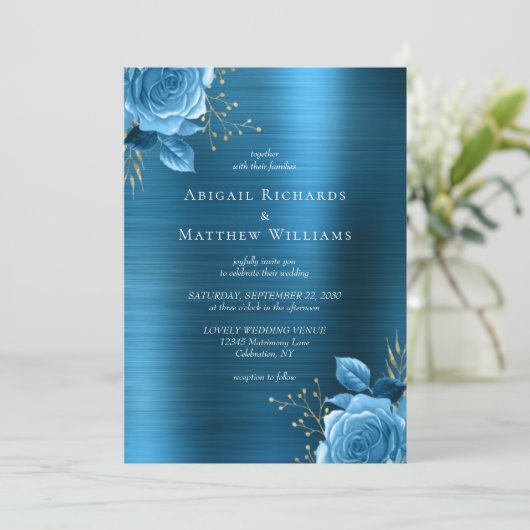 Blauw Goud Bloem Teal Geborsteld Metaal Bruiloft Kaart (Staand voorkant)