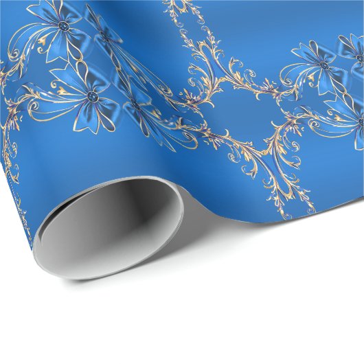 Blauw Goud Bloem Vakantie Inpakpapier (Rol Hoek)