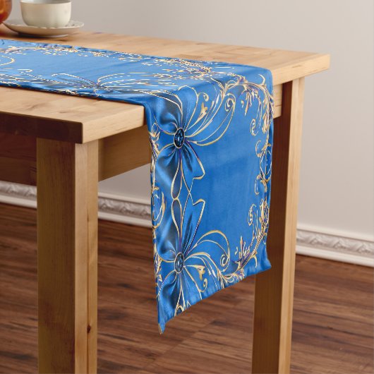 Blauw Goud Bloem Vakantie Tafel Runner Medium Tafelloper (Voorbeeld)