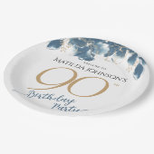 Blauw Goud Bloemen Aangepaste 90ste Verjaardagsfee Papieren Bordje (Gekanteld)