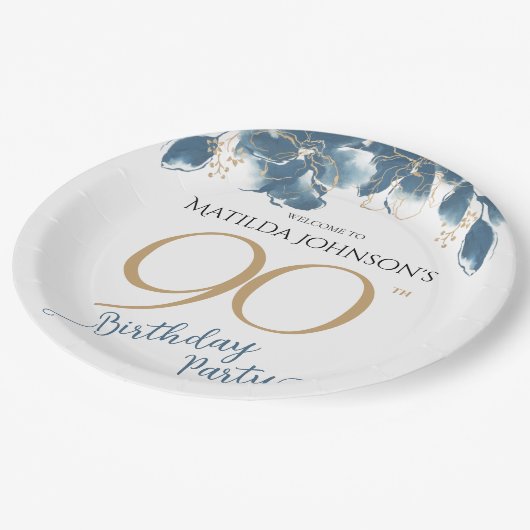 Blauw Goud Bloemen Aangepaste 90ste Verjaardagsfee Papieren Bordje (Gekanteld)