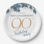 Blauw Goud Bloemen Aangepaste 90ste Verjaardagsfee Papieren Bordje (Voorkant)