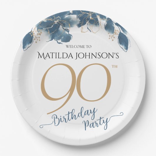 Blauw Goud Bloemen Aangepaste 90ste Verjaardagsfee Papieren Bordje (Voorkant)