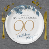 Blauw Goud Bloemen Aangepaste 90ste Verjaardagsfee Papieren Bordje