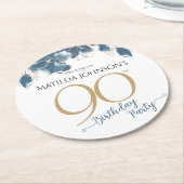 Blauw Goud Bloemen Aangepaste 90ste Verjaardagsfee Ronde Kartonnen Onderzetter (Gebogen)